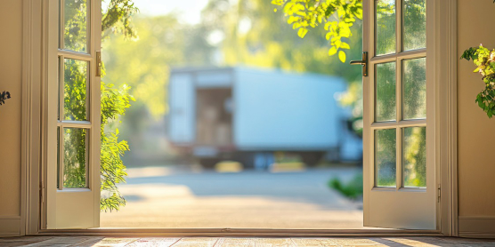 Offene Tür mit Umzugskartons und Umzugswagen vor dem Haus – Symbolbild für einen reibungslosen Umzug
