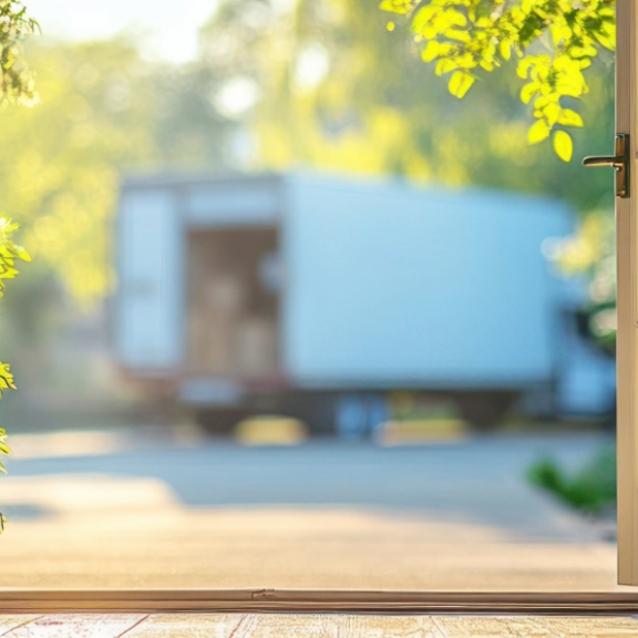 Offene Tür mit Umzugskartons und Umzugswagen vor dem Haus – Symbolbild für einen reibungslosen Umzug