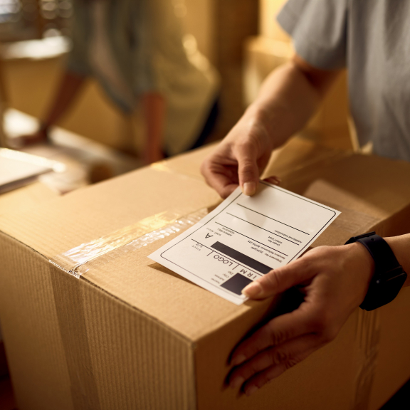 Nahaufnahme einer Person, die ein Retourenlabel auf ein Paket klebt – Symbol für schnellen Retourenservice.