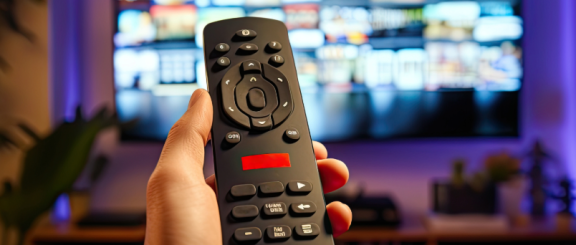 Hand mit Fernbedienung vor Fernseher.