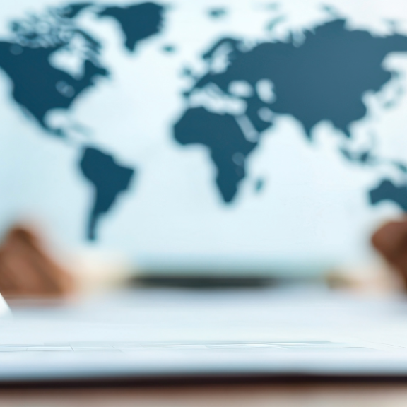 Geschäftsleute bei der Planung internationaler Standorte mit Weltkarte im Hintergrund.