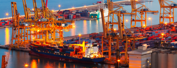 Containerhafen bei Nacht mit Schiff, Kränen und Containern; Zollabwicklung im Seefrachtverkehr.