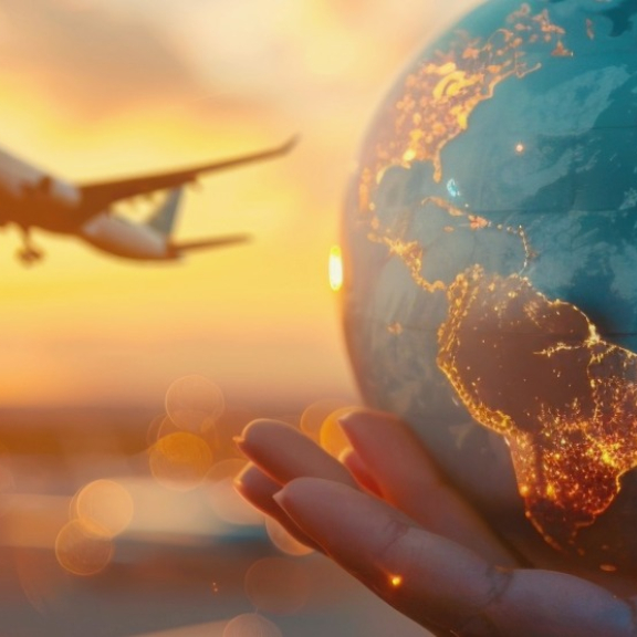 Flugzeug und leuchtende Weltkugel im Sonnenuntergang – Symbolbild für die beliebtesten Auswanderziele