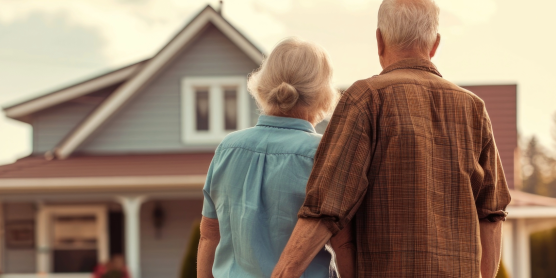 Seniorenpaar vor neuer Wohnresidenz – komfortabler und sicherer Seniorenumzug in gehobene Wohnresidenzen