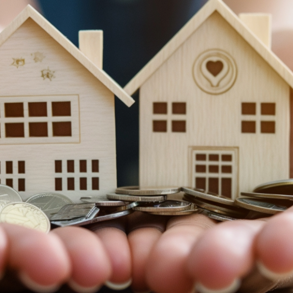 Symbolbild für Versicherung nach dem Umzug – zwei Häuser in Händen mit Münzen als Zeichen für Absicherung.