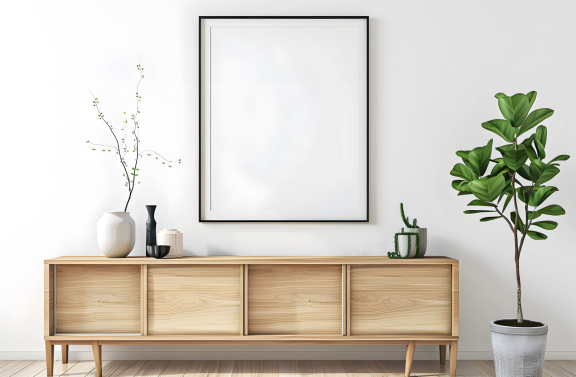 Minimalistisch eingerichtete Wohnwand mit Pflanzen – platzsparende Einrichtung beim Umzug in eine kleinere Wohnung