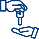 Icon einer Schlüsselübergabe von einer Hand zur anderen – Symbol für Wohnungsübergabe.