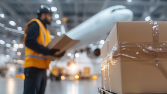 Logistikmitarbeiter mit Dokumenten vor einem Frachtflugzeug und Paket in Lagerhalle, essenziell für präzise Air-Waybill (AWB) Erstellung.