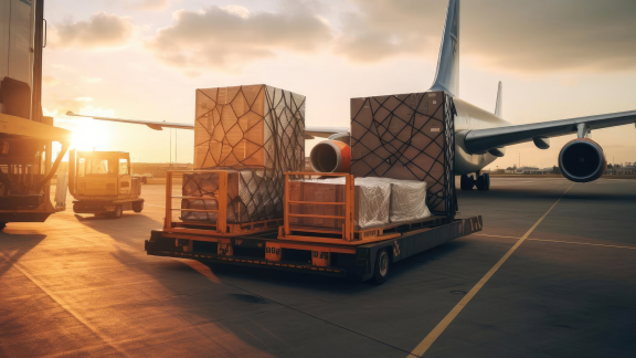 Beladung von Luftfracht in ein Flugzeug bei Sonnenaufgang. Paletten mit verpackten Gütern für den schnellen Transport.