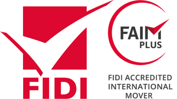 FIDI- und FAIM Plus-Logos, die FIDI-Zertifizierung für akkreditierte internationale Umzugsunternehmen symbolisieren und weltweite Qualität garantieren.