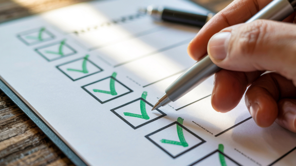 Hand setzt Häkchen auf einer Checkliste. Symbolisiert die Erfüllung von Anforderungen bei einer Zollbeschau oder -inspektion.