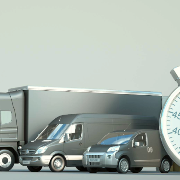 Verschiedene Transportfahrzeuge mit Globus und Stoppuhr symbolisieren genaue Estimated Time of Arrival (ETA) für Umzüge weltweit.