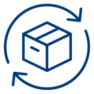Ein Paket, das von zwei Pfeilen umkreist wird, symbolisiert den reibungslosen und effizienten Retourenprozess.