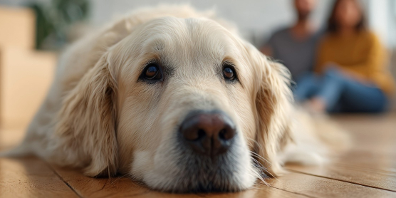 Hund liegt zwischen Umzugskartons – Symbol für einen stressfreien Umzug mit Tieren.