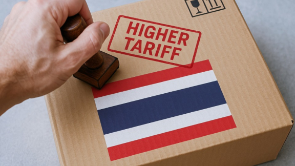Paket mit thailändischer Flagge und Stempel „Higher Tariff“ – Symbol für höhere Zollgebühren beim Thailand-Umzug.