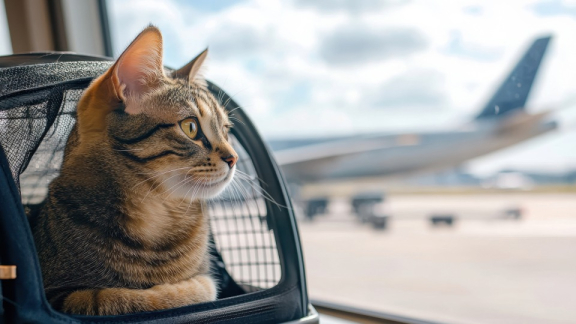 Katze in Transportbox am Flughafen vor einem Flugzeug – Symbolbild für den sicheren Umzug mit Tieren nach Norwegen.
