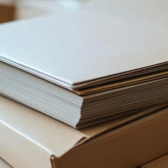 Gestapelte Bücher vor Umzugskartons – sicher verpackt im Bücherkarton
