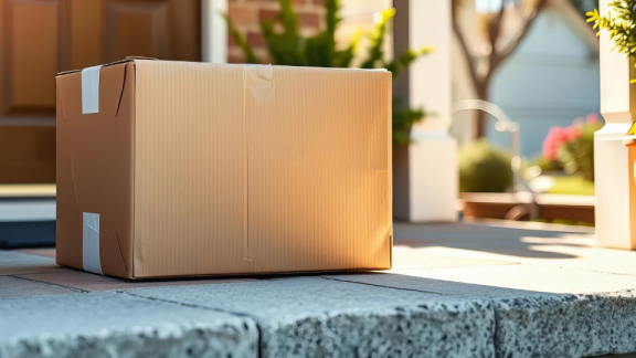 A large brown cardboard box delivered on stone steps in daylight.